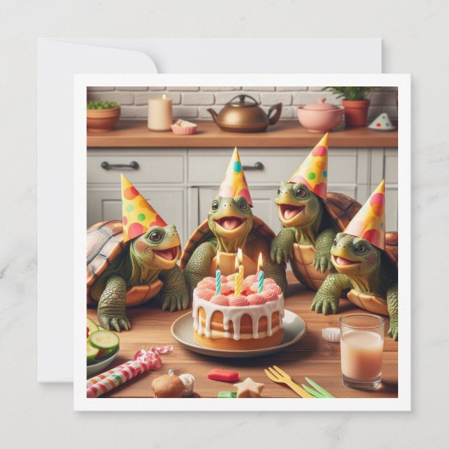 Turtles celebrating birthday with cake and hats invitation (Front)