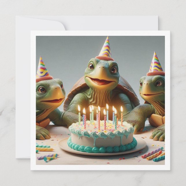Turtles celebrating birthday with cake and hats invitation (Front)