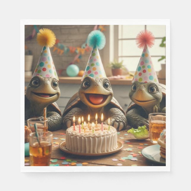 Turtles celebrating birthday with cake and hats  napkin (Front)