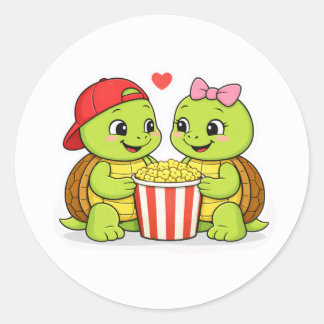 Turtles enjoying movie night together classic round sticker