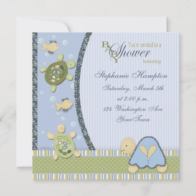 Turtles in Blue and Green Baby Shower Invitation (Front)