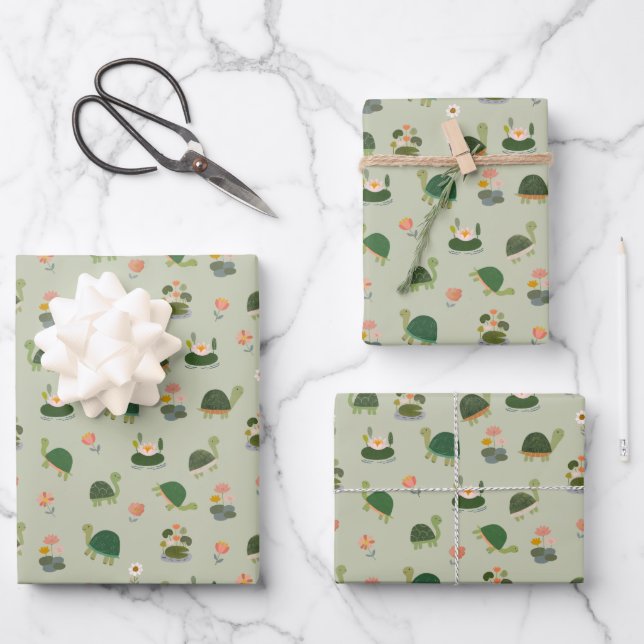 Turtles & Lily Pads on Gin Green Wrapping Paper Sheet (Front)
