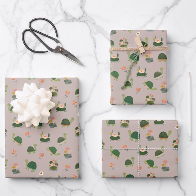 Turtles & Lily Pads on Light Brown Wrapping Paper Sheet (Front)
