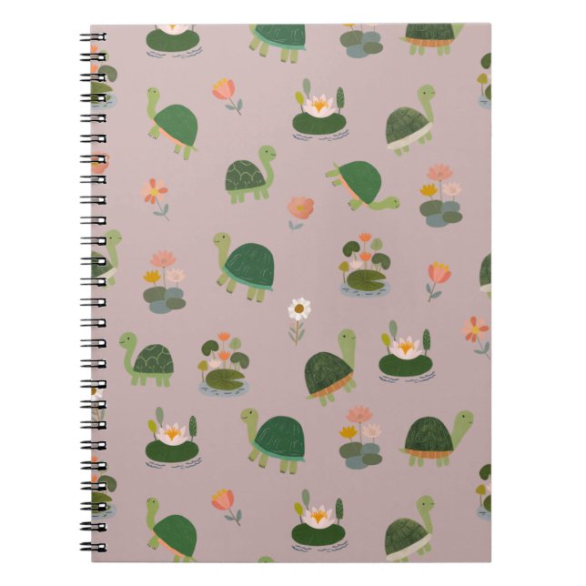 Turtles & Lily Pads on Light Gray-Pink Notebook (Front)