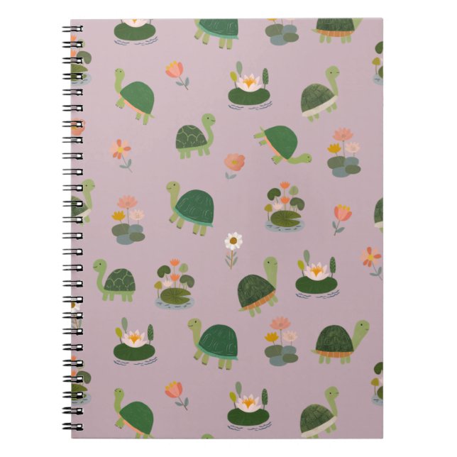 Turtles & Lily Pads on Pastel Gray-Pink Notebook (Front)