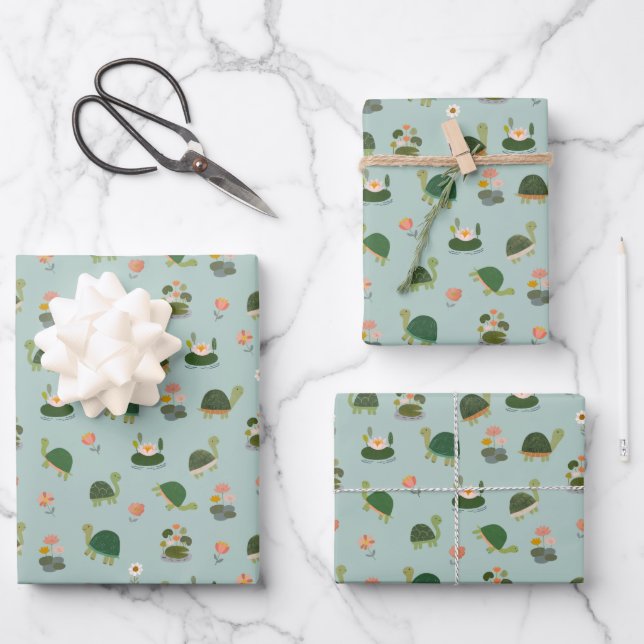 Turtles & Lily Pads on Pistachio Green Wrapping Paper Sheet (Front)