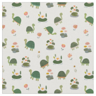 Turtles & Lily Pads on White Fabric