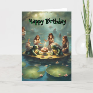 Turtles on the lily pads in pond birthday card 