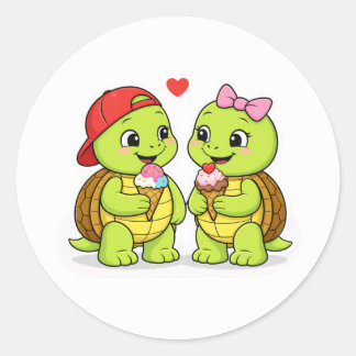 Turtles sharing ice cream and love classic round sticker