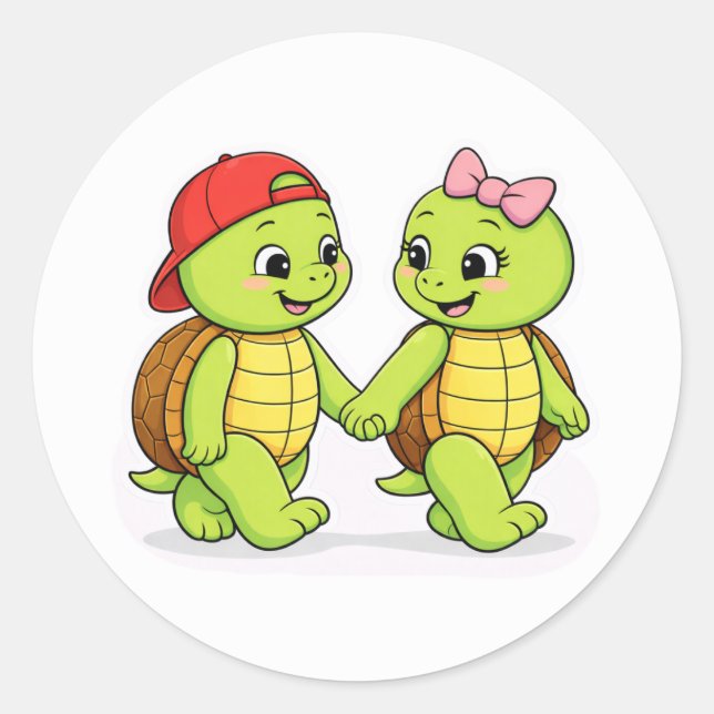 Turtles strolling hand in hand classic round sticker (Front)