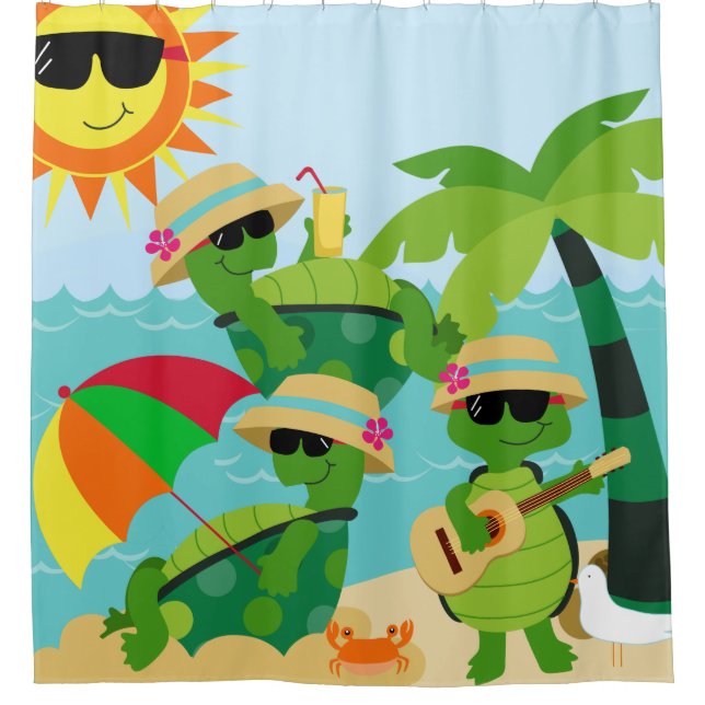 Turtles Summer Beach Party Cute Kids Shower Curtain (Front)