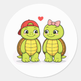 Turtles with love heart illustration classic round sticker