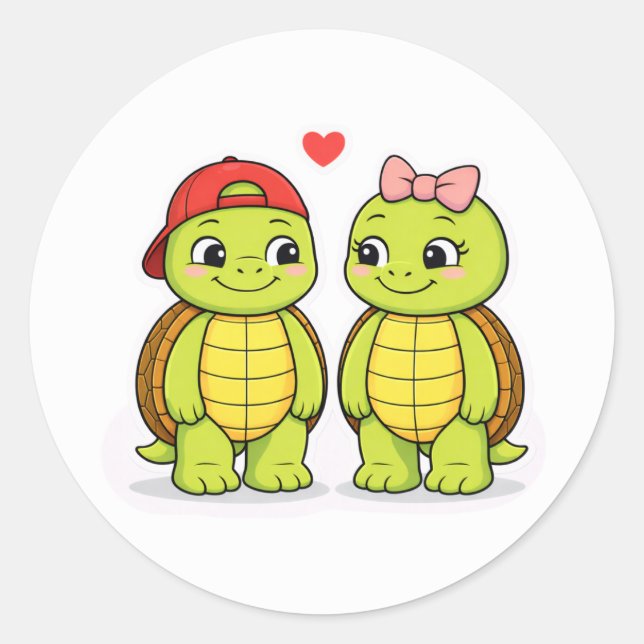Turtles with love heart illustration classic round sticker (Front)