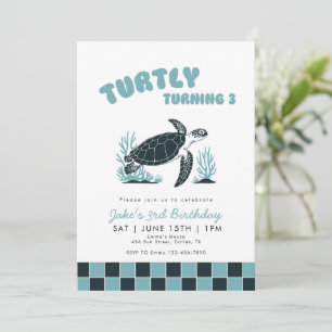 Turtly Turning 3 Turtle Blue Check 3rd Birthday Invitation