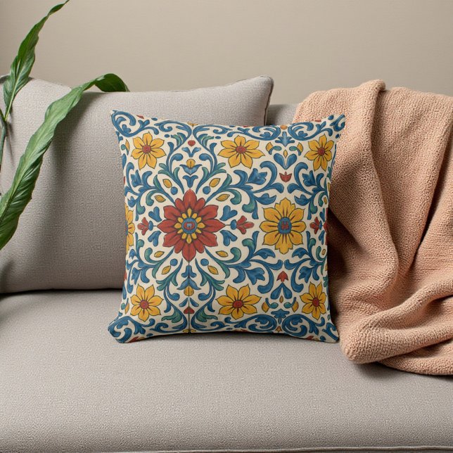 Tuscan Blue and White Floral Botanical Summer Boho Cushion (Tuscan Blue and White Floral Botanical Summer Boho Throw Pillow)