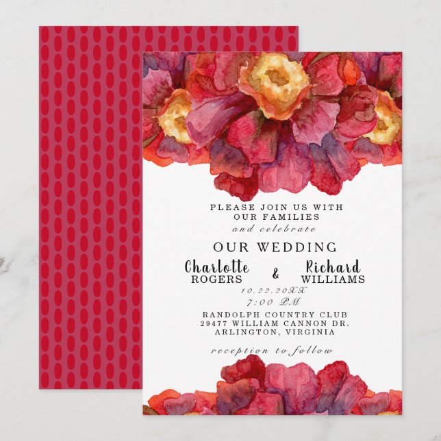 Tuscan  Bold and Vibrant Red Floral Wedding Invitation (Front/Back)