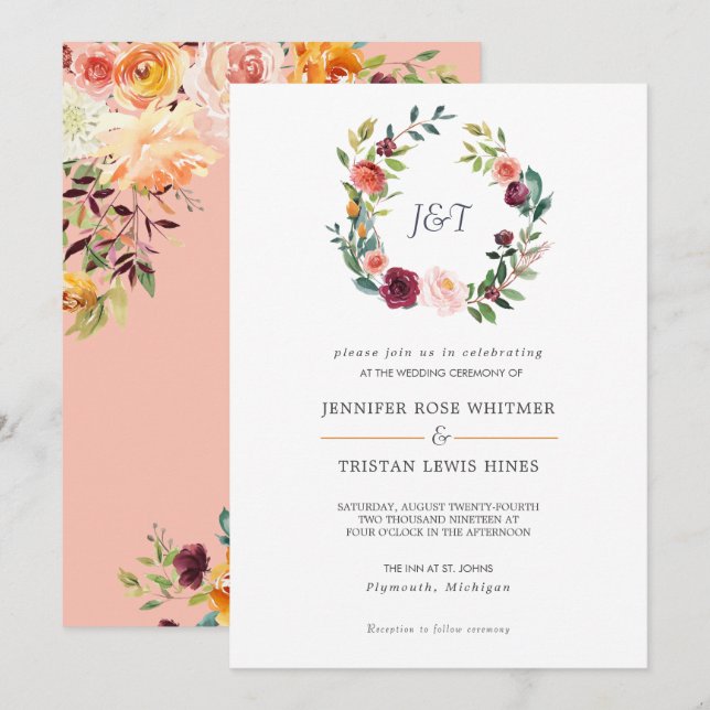 Tuscan Botanical Floral Wreath Wedding Invitation (Front/Back)