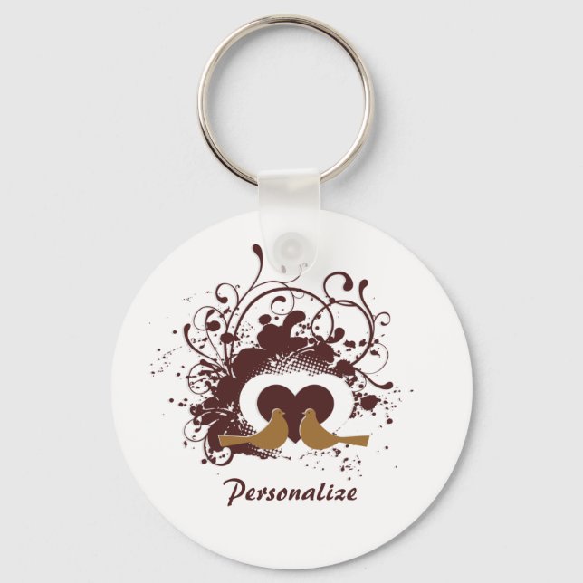 Tuscan Brown Love Birds With Name Key Ring (Front)