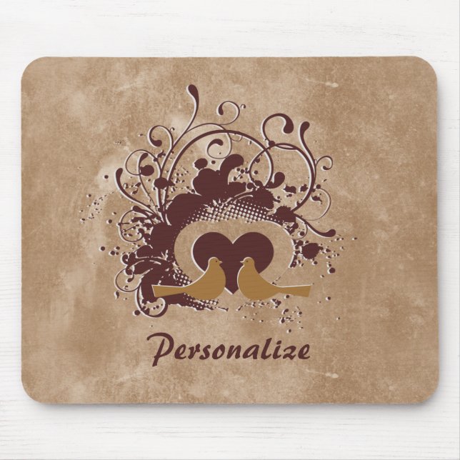 Tuscan Brown Love Birds With Name Mouse Mat (Front)