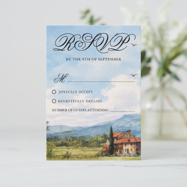 Tuscan Countryside Scenery Wedding Response Card (Standing Front)