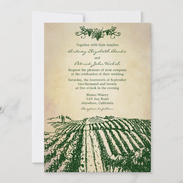 Tuscan Green Winery Vineyard Wedding Invitations (Front)