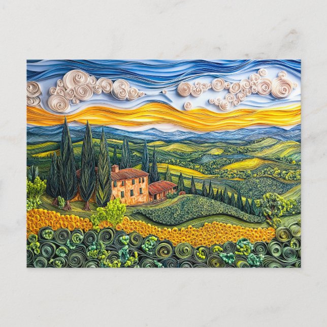 Tuscan Hillside Landscape in Quilling Style Postcard (Front)