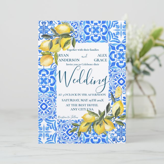 Tuscan Italian Tile Watercolor with Lemon Wedding  Invitation (Standing Front)