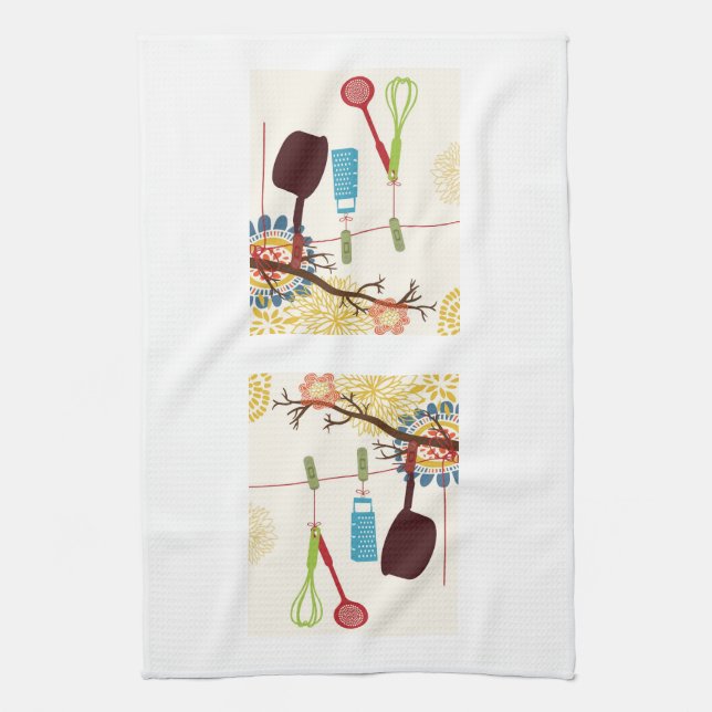 Tuscan Kitchen - Utensils on floral. Tea Towel (Vertical)