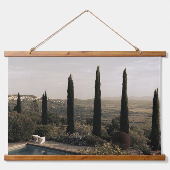 Tuscan landscape hidden behind cypresses (2024) hanging tapestry (Front)