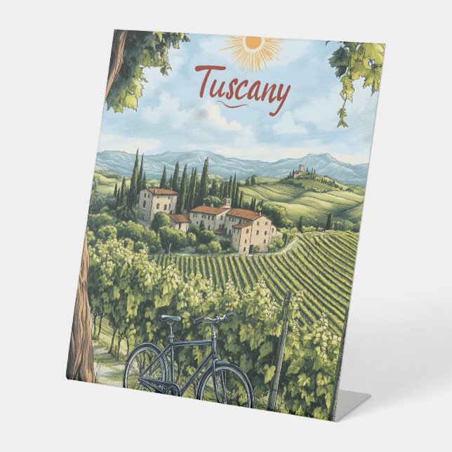 Tuscan Landscape with Vineyards and a Bicycle Pedestal Sign