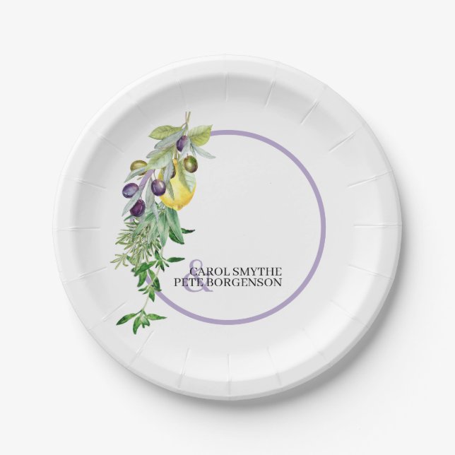 Tuscan Lemon Olives Herbs Bridal Shower Paper Plate (Front)