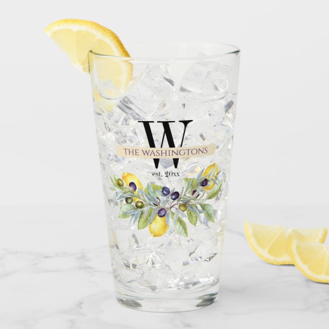 Tuscan Lemons Olives Monogram Name Drinking Glass (Front Ice)
