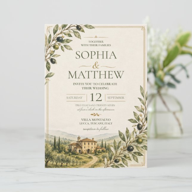 Tuscan Olive Garden Wedding Invitation | Italy (Standing Front)