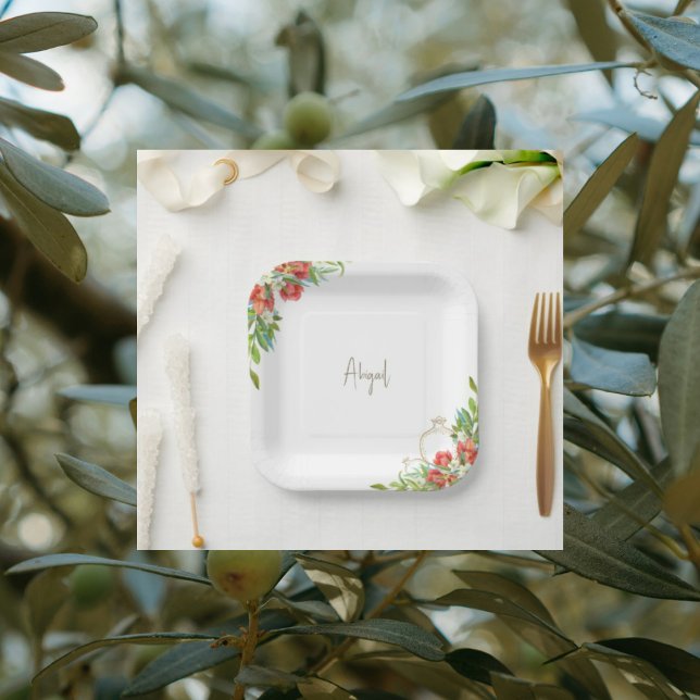 Tuscan Pomegranate Red Floral Shower Paper Plate (Creator Uploaded)
