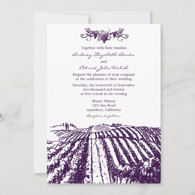Tuscan Purple Winery Vineyard Wedding Invitations (Front)