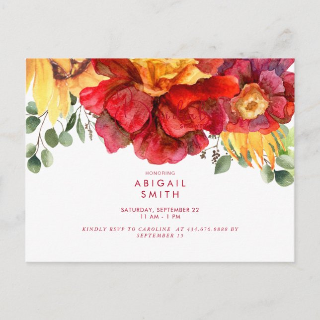 Tuscan Sunflower & Red Peony Bridal Shower Invitation Postcard (Front)