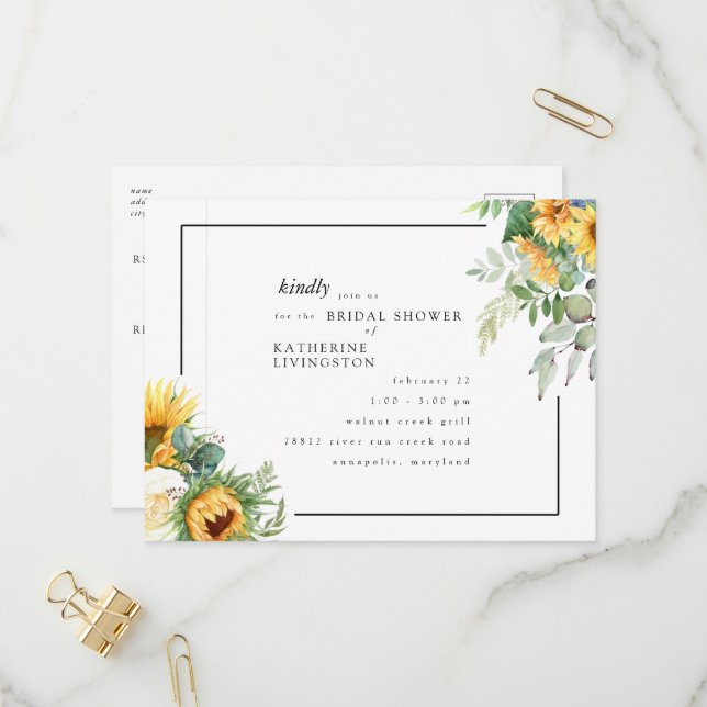 Tuscan Sunflowers in Bloom Bridal Shower White Invitation Postcard (Front/Back In Situ)