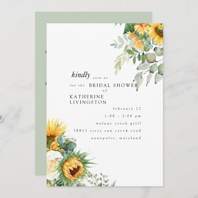  Tuscan Sunflowers in Bloom Mint Bridal Shower Invitation (Front/Back)