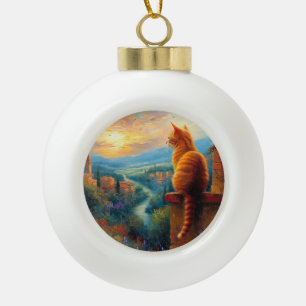 Tuscan Sunset with a Ginger Cat Ceramic Ball Christmas Ornament