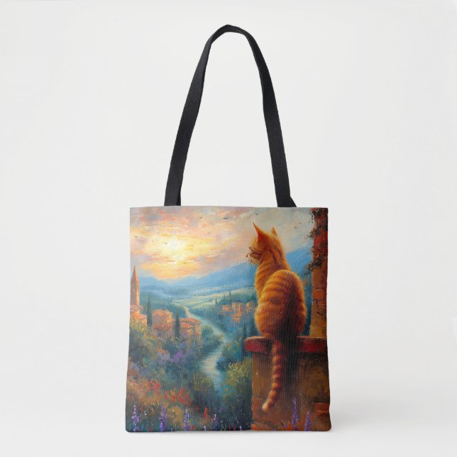 Tuscan Sunset with a Ginger Cat Tote Bag (Front)