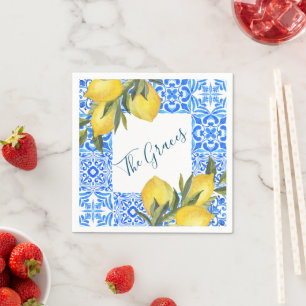 Tuscan Tile Watercolor with Lemon  Napkin