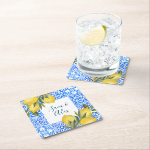 Tuscan Tile Watercolor with Lemon  Square Paper Coaster