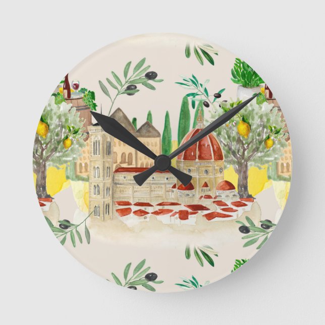 Tuscan,Tuscany,Italy,olives,lemons, citrus   Round Clock (Front)