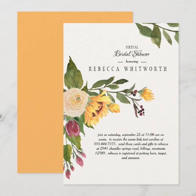 Tuscan Virtual GoldSunflower Floral Bridal Shower Invitation (Front/Back)