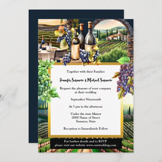 Tuscan winery al fresco table vineyard grapes chic invitation (Front/Back)