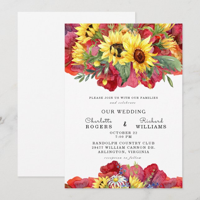 Tuscan Yellow and Vibrant Red Bold Floral Wedding  Invitation (Front/Back)
