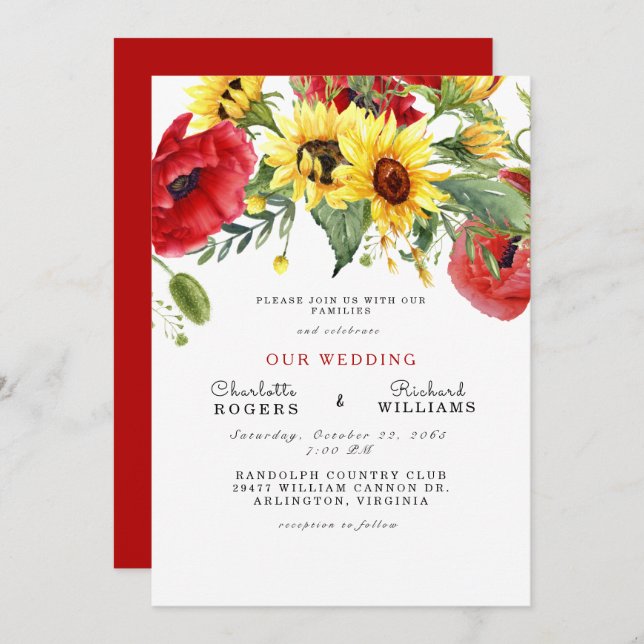 Tuscan Yellow Sunflower Bold Simple Wedding Invita Invitation (Front/Back)