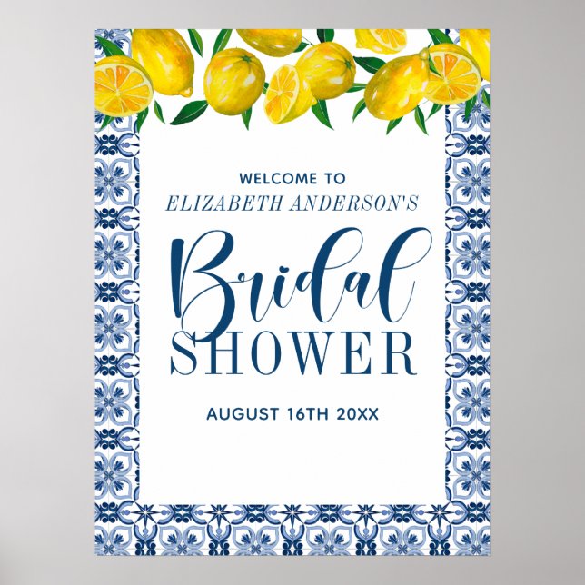 Tuscany Blue Italian Tile Bridal Shower Poster (Front)