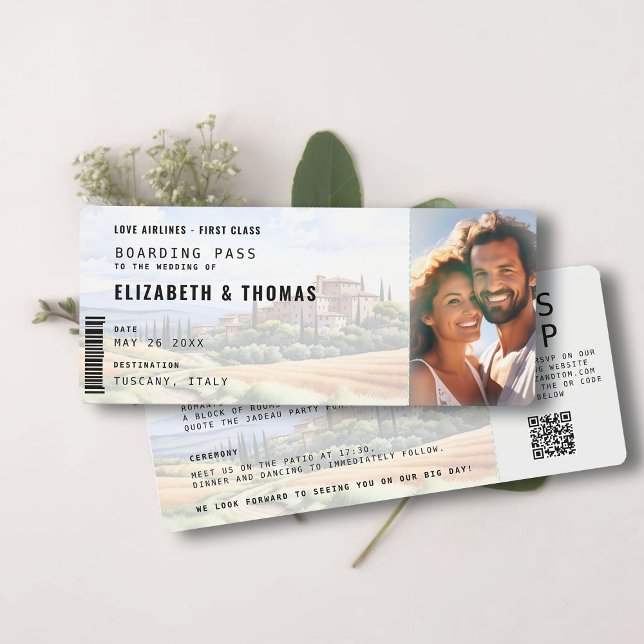 Tuscany Destination Boarding Pass Photo Wedding Invitation (tuscany destination wedding invitation boarding pass all in one qr code photo template)