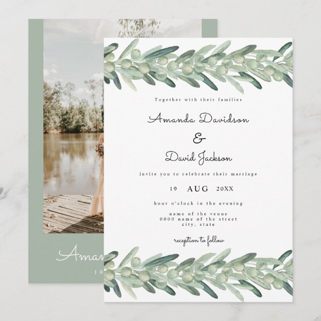 Tuscany Italian Olive Branch Boho Modern Wedding  Invitation (Front/Back)